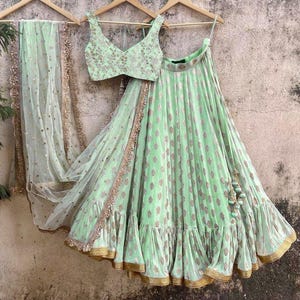 Mint Green Ruffle Lehenga Choli: Indian Wedding Bridesmaid Outfit