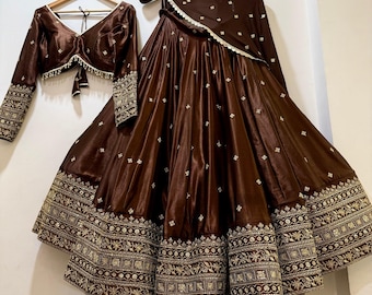 Chocolate Brown Silk Lehenga Choli – Heavy Border Embroidery, Wedding Guest Indian Dress