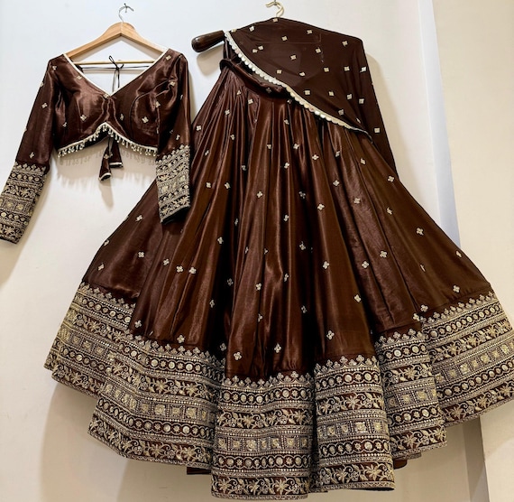 Chocolate Brown Silk Lehenga Choli – Heavy Border Embroidery, Wedding Guest Indian Dress
