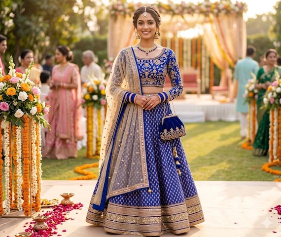 blue and gold indian wedding dress Royal Silk Lehenga Choli Colors:Pink Black Not Included Dupatta Fabric powder blue Cute A-Line Strapless Light