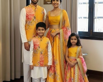 indian family dress set for birthday party online Family Combo Set, Floral Lehenga and Men's Vest Set – Yellow Indian Wedding  Outfit