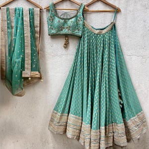 Jade Green Lehenga Choli: Georgette Wedding Outfit, Custom Stitched