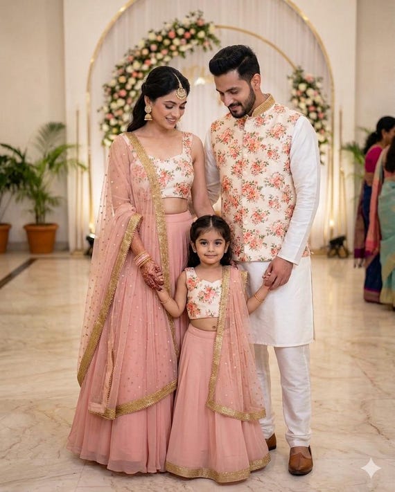Couple Outfits: Pink Tulle Lehenga, Floral Nehru Jacket, Sangeet Wear