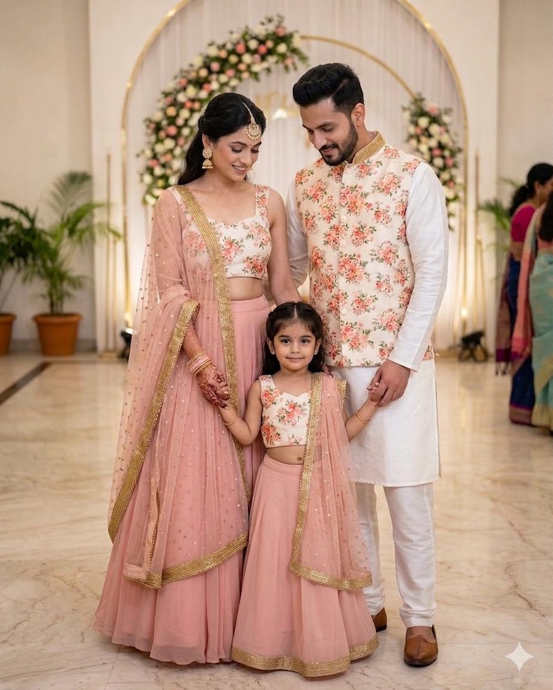May include: A family dressed in matching traditional Indian attire. The women and girl wear pink skirts and tops with floral patterns, complemented by sheer scarves. The man wears a white outfit with a floral vest. The background features floral decorations.