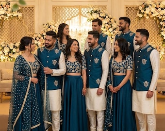 Designer Teal Blue bridesmaids lehenga skirt: wedding party Cocktail Outfits
