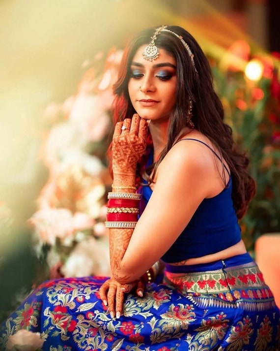 One Shoulder Crop Top Skirt Royal Blue Lehenga Choli for Women