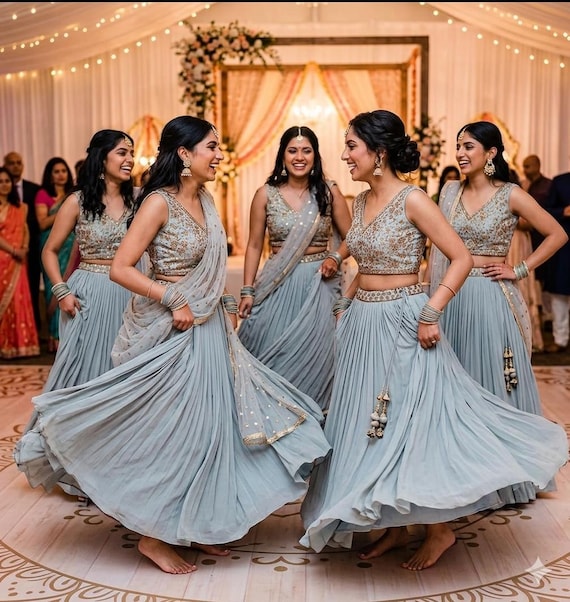 dusty blue indian dress Wedding Bollywood Fashion Bridesmaids Lehenga Choli The Shops at North tag_new-to-sale Finish:Batavia Black Our Dusty Blue Embroidered