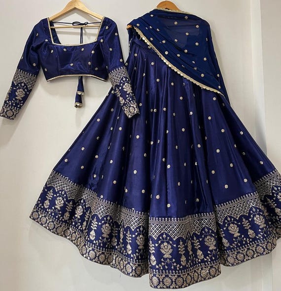 Navy Blue Silk Lehenga Choli - Gold Embroidered Indian Wedding Set