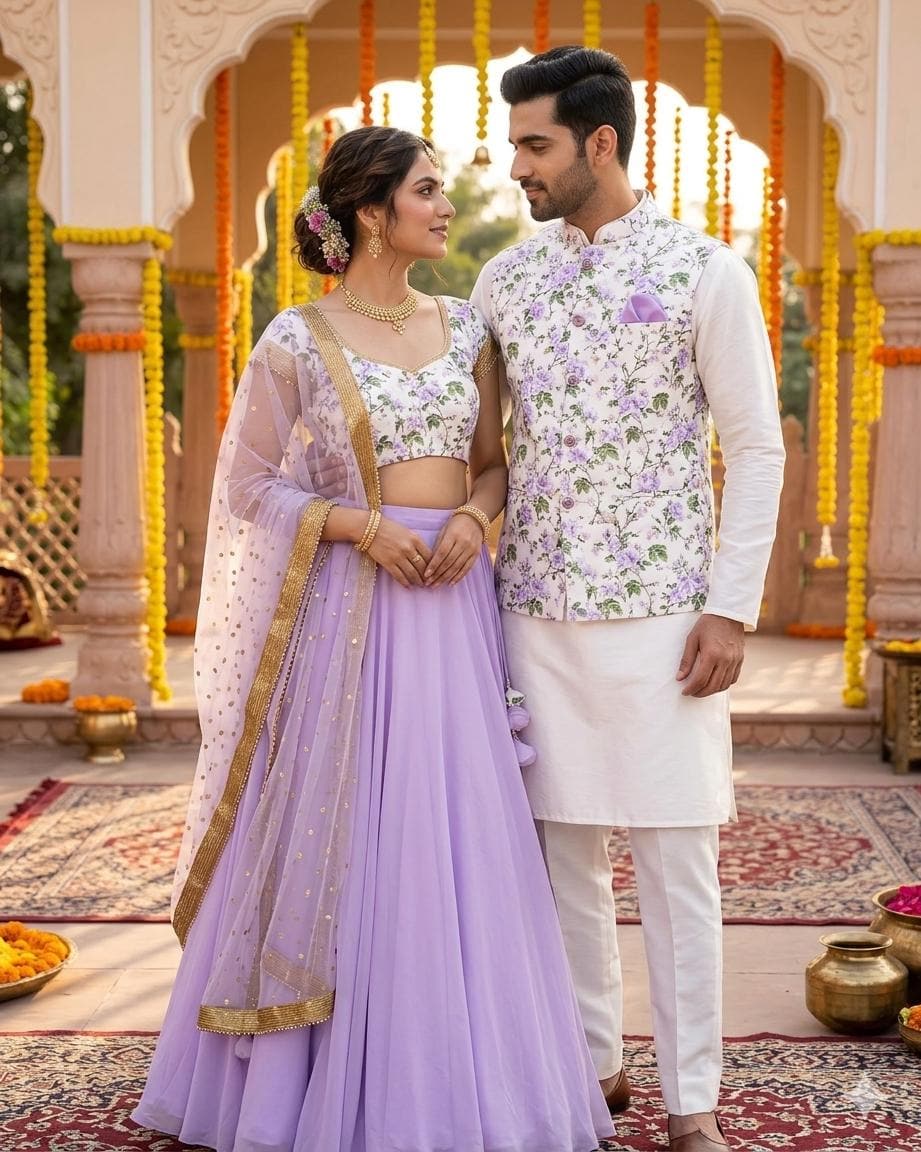 indian couple dress for engagement Lavender Floral Family Matching Outfits, Wedding Ethnic Wear Set Blue:S Turtleneck Short Sleeve Sweater For Love & Lemons Cecelia Dress Wedding saree
