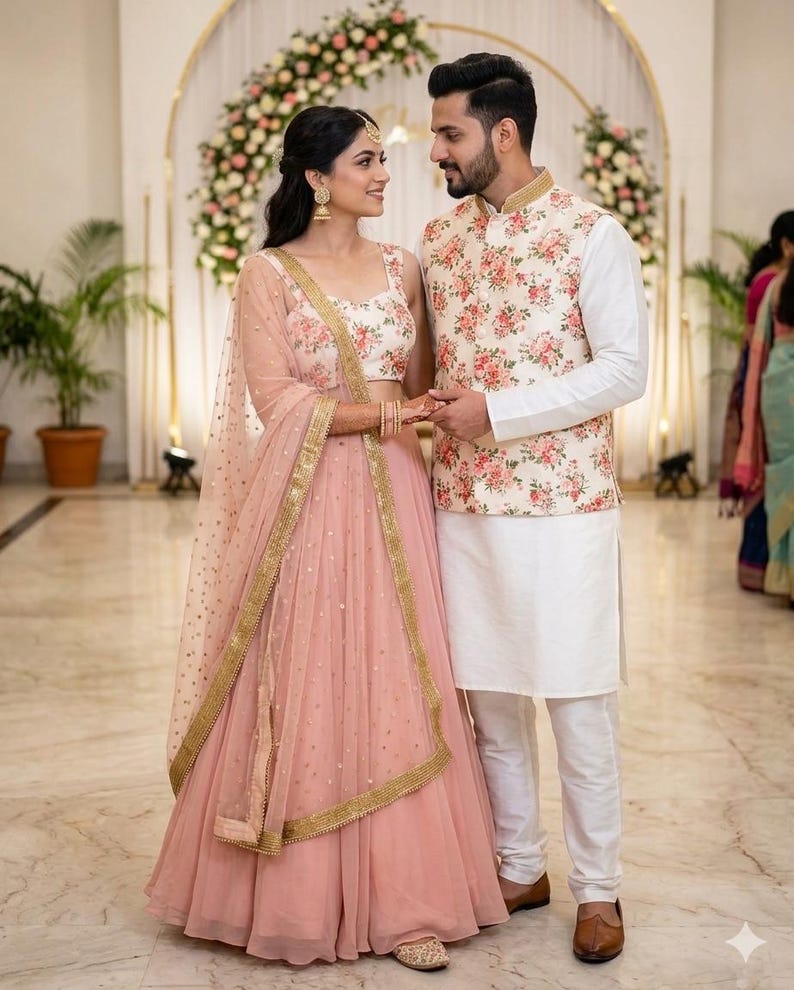 May include: A couple dressed in formal attire. The woman wears a pink skirt and top with gold trim, and a sheer pink scarf. The man wears a white kurta and pants with a floral vest. They stand in front of a floral arch.