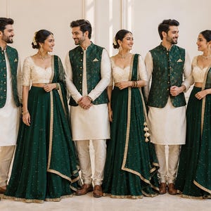 May include: Three individuals wearing cream-colored kurtas with dark green patterned vests and three individuals wearing cream-colored blouses with dark green skirts featuring gold-toned embroidery and matching sheer dupattas with gold borders.