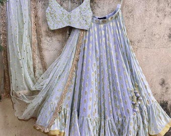 Powder Blue Indian Wedding Bridesmaids Cocktail Handmade Ruffle Lehenga Choli