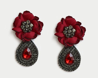 Red Flower With Rhinestone Drop Earrings, Unique Women Fashion Jewelry