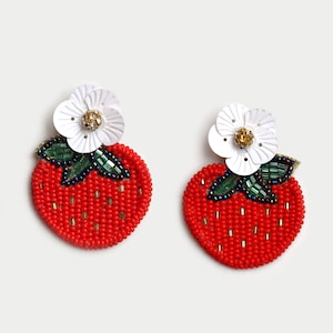 Strawberry with Flower Beaded Earrings, Fruit Strawberry Drop Cute Earrings, Women Fashion Jewelry image 1