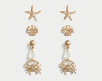 3 Pairs Starfish, Shell, Crab Stud Earrings Set, Summer Women Fashion Unique Jewelry