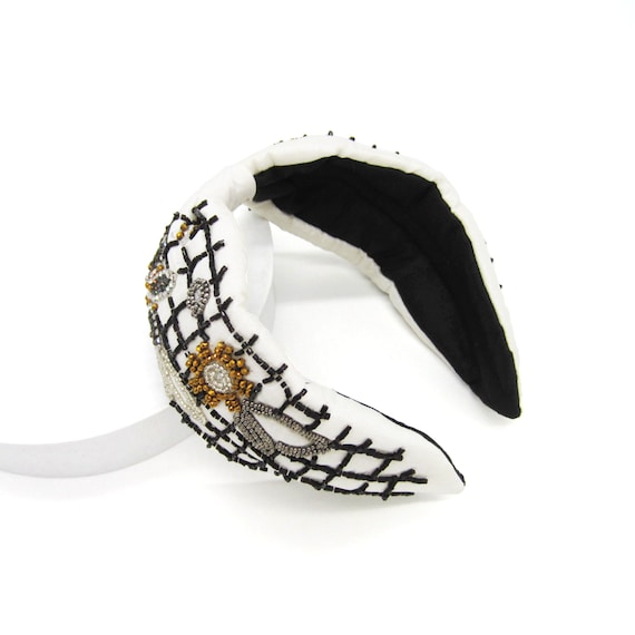 Black and White Floral Beaded Headband, Women