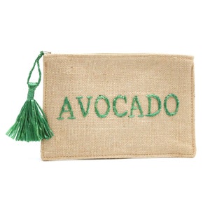 Bolso de mano de yute con borlas verdes AVOCADO, bolso de mano con borlas con letras AVOCADO, bolso de mano de moda de verano para mujer