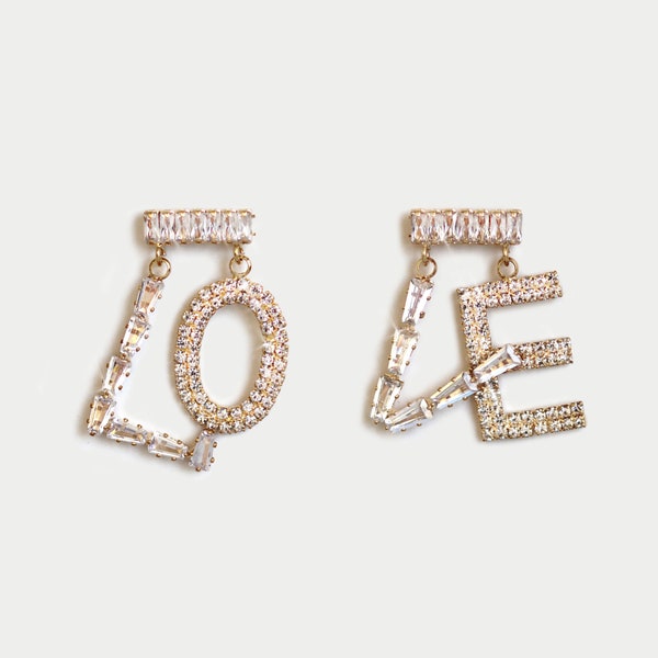 LOVE Cubic Zirconia Letter Drop Earrings, Crystal Rhinestone Jewelry, Sparkly Unique Fashion Earrings