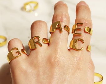 Initial Letter Ring: Gold Plated Adjustable Open Ring