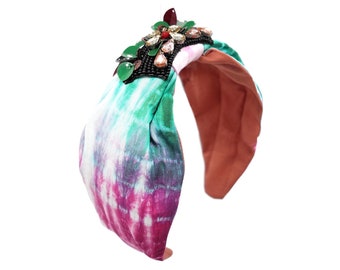 Diadema de tela teñida con lentejuelas y cuentas, accesorios para el cabello de moda únicos de estilo bohemio para mujer