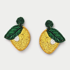 Lemon Citron Beaded Drop Earrings, Limón Fruit Citron Statement Cute Earrings, Women Fashion Jewelry