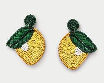 Lemon Citron Beaded Drop Earrings, Limón Fruit Citron Statement Cute Earrings, Women Fashion Jewelry