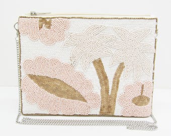 Hand Beaded Palm Tree Clutch: Tropical Boho Evening Bag with Chain