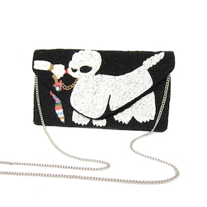 Clutch con cuentas para amantes de los perros, ideal como accesorio de noche único para mujer.