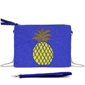 Bolso de mano con correa y diseño de piña con cuentas azules, bolso de mano para vacaciones tropicales de verano