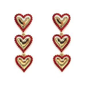 Triple Hearts Drop Statement Earrings I Valentine&#39;s Day I Gift for Her l Love Earrings