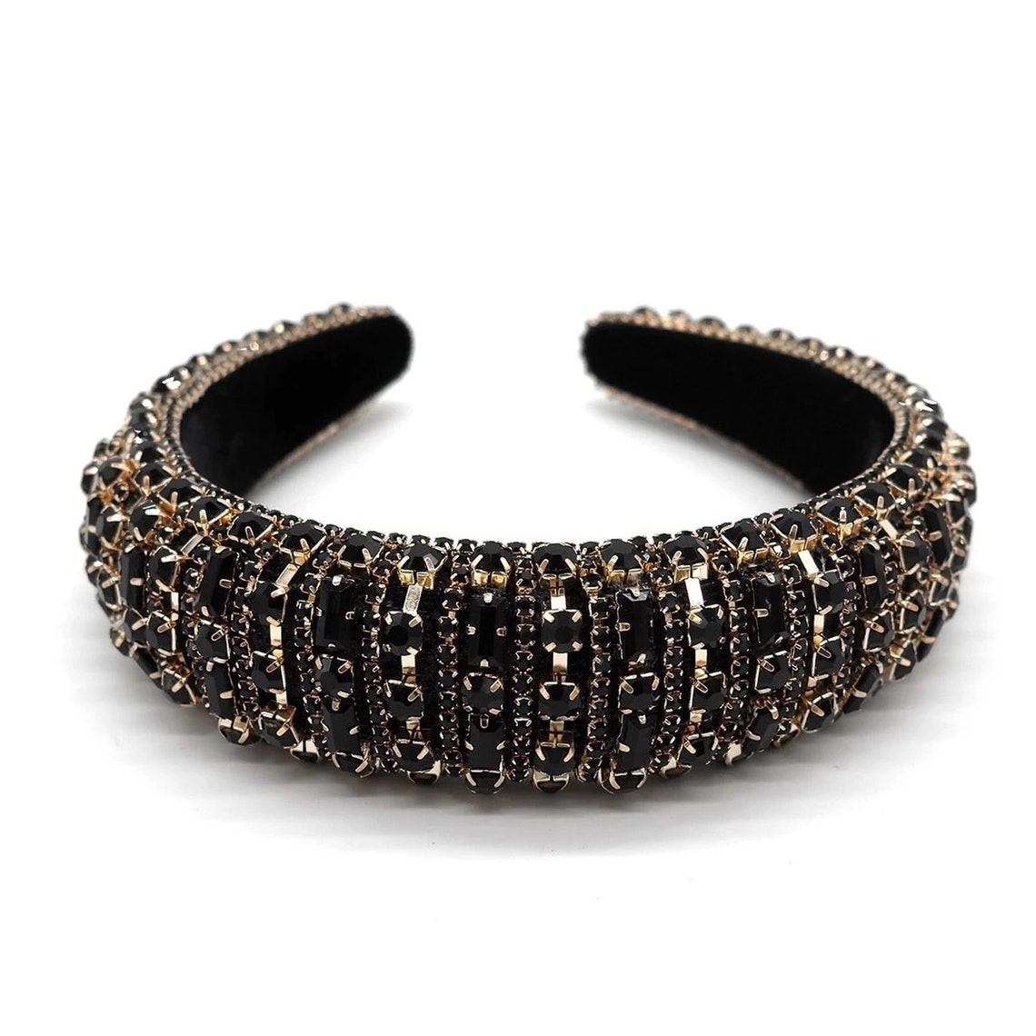 Sparkly Solid Black Padded Headband Rhinestone Shiny Unique Etsy