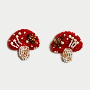 Cute Red Mushrooms Beaded Stud Earrings, Unique Mushrooms Statment Jewelry, Women Fashion Unique Earrings