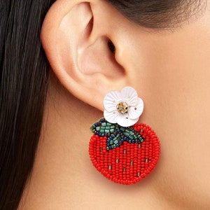 Strawberry with Flower Beaded Earrings, Fruit Strawberry Drop Cute Earrings, Women Fashion Jewelry image 3