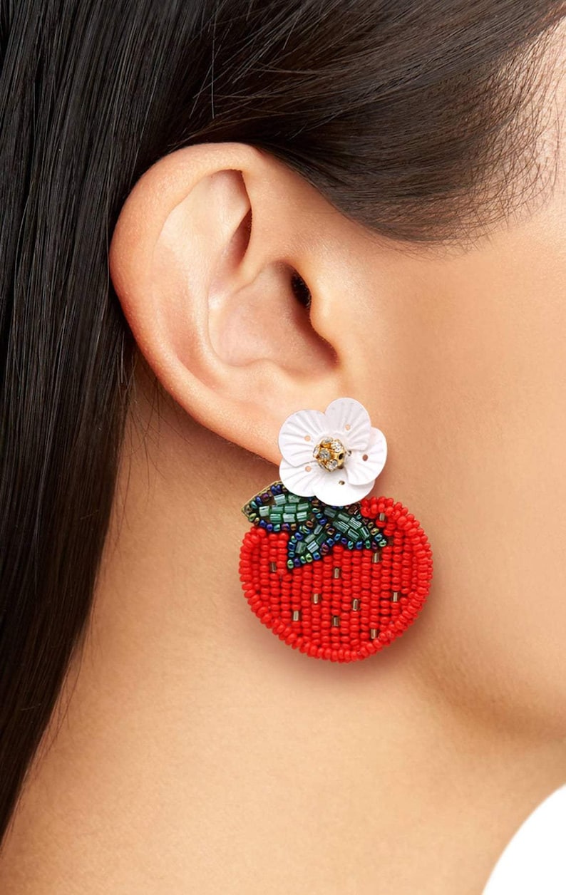 Strawberry with Flower Beaded Earrings, Fruit Strawberry Drop Cute Earrings, Women Fashion Jewelry image 3