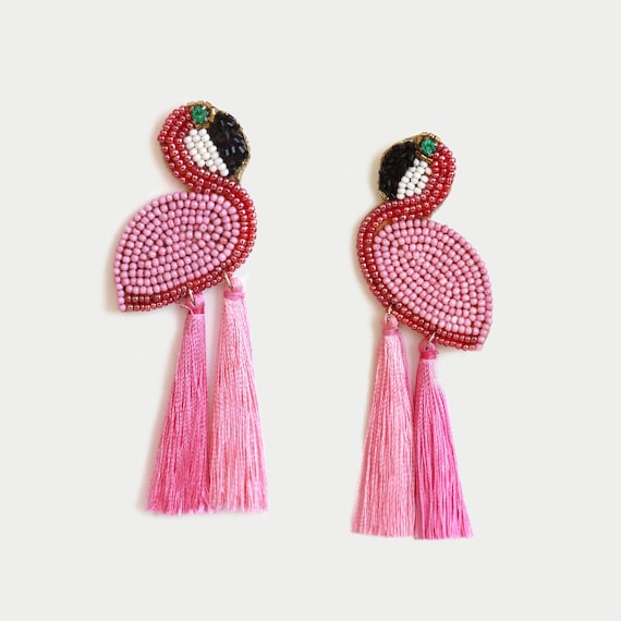 Pink Flamingo Tassel Drop Beaded Earrings Flamingo Animal Drop