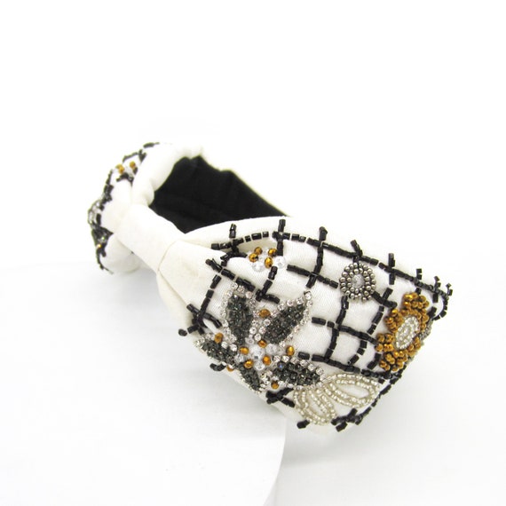 Beaded Headpiece Black beads and white bead with black floral. Beaded Headpiece Black beads and white bead with black floral main image 2