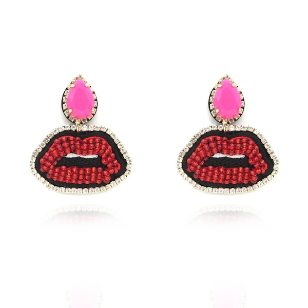 Red Lips Beaded Cubic Zirconia Stud Drop Earrings, Rhinestone Stud Statement Dangle Earrings, Women Fashion Jewelry