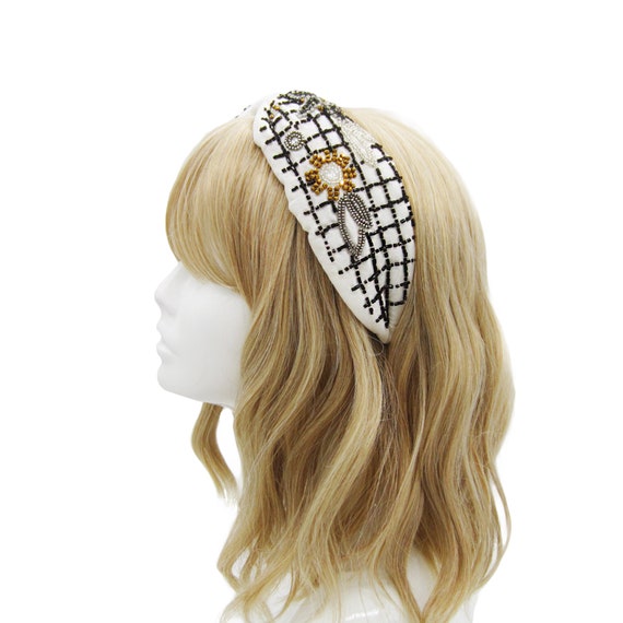 Black and White Floral Beaded Headband, Women display picture 2