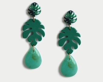 Palm Tree Leaf With Stone Drop Statement Earrings, Summer Tropical Statement Earrings, Women Fashion Jewelry