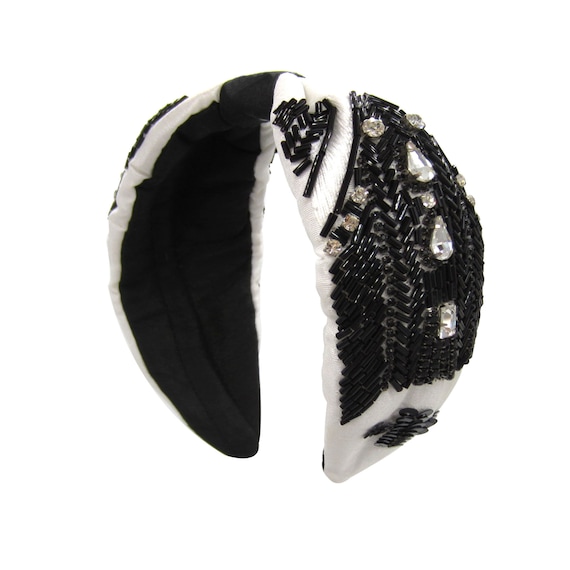 Black and White Embellished Headband Plain Elain Black/white Tweed Embellished Knotted Headband  main image 2