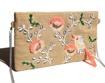 Flower & Bird with Tassel Embroidery Pattern Clutch Bag, Women Fashion Unique Cute Clutch Bag