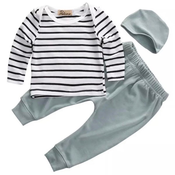 3 stücke Baby Jungen Kleidung Kinder Säugling Streifen Tops Hosen Hut Outfits Set Baby Kleidung 2021 Casual Anzüge Alter 3 Monate - 2 Jahre alt