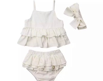 Boho Summer Toddler Kids Baby Girl Ruffle Clothes White Outfits Sleeveless Strap Vest Tops Tutu Shorts Headband 3Pcs Set 6 Month-3Years Old