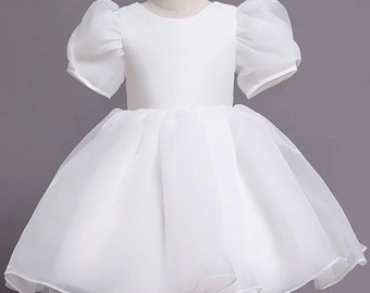 Girls White Puff Ball Sleeve Princess White Dresses For Wedding Kids Formal Birthday