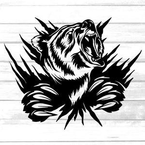 May include: Black and white illustration of a bear roaring with its head and claws bursting through a jagged hole.