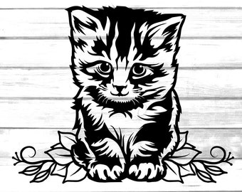 cute cat with flowers svg / floral kitten clip art / printable cute animals cut file