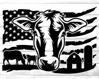 USA cow farm svg / cattle farm png clip art / American flag distressed calf and mother cow cut file