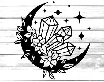 moon Crystal floral svg / magic crystal cut file / printable floral crescent png clip art