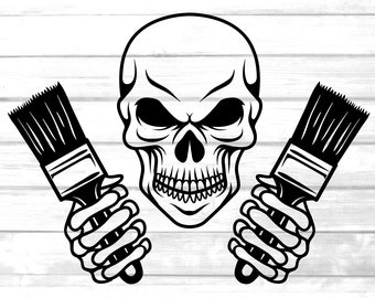 painter skull svg / skeleton painter with paint brush clip art / painting cut file design