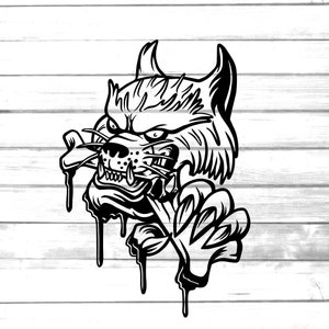 May include: Black and white illustration of a snarling wolf's head with a dripping paw print. The wolf's mouth is open, showing sharp teeth. The wolf's eyes are narrowed and intense.